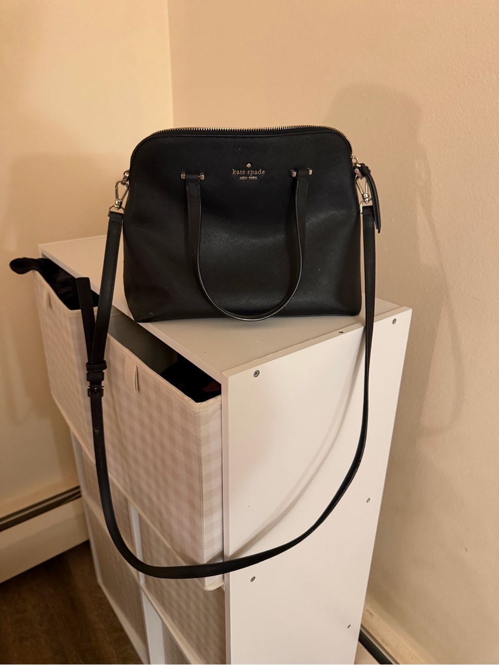 kate spade black leather dome satchel with long crossbody strap